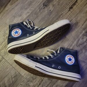 Converse Navy Blue Leather HiTop AllStar Shoes Unisex Mens 9 Womens 11